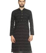 Paroksh men black & white ikat printed straight cotton kurta