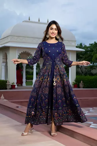 women rayon paisley embroidered anarkali kurta in blue