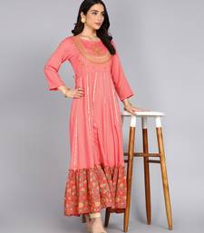 Ftdiva women rayon floral embroidered anarkali kurta in peach