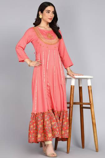 Ftdiva women rayon floral embroidered anarkali kurta in peach