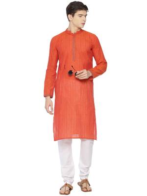 Paroksh men red striped long sleeves cotton straight kurta 1
