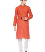 Paroksh men red striped long sleeves cotton straight kurta