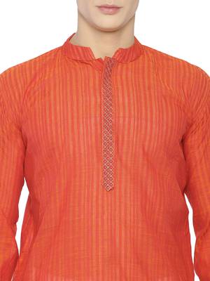 Paroksh men red striped long sleeves cotton straight kurta 3