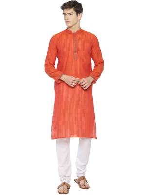 Paroksh men red striped long sleeves cotton straight kurta 4