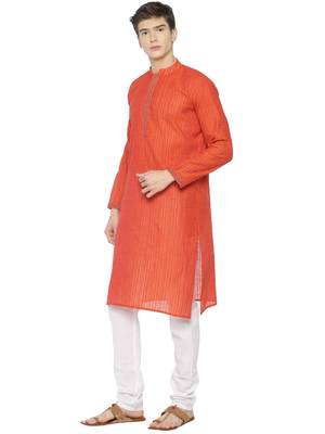 Paroksh men red striped long sleeves cotton straight kurta 5
