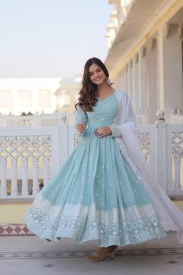 Eilara sky blue faux georgette thread with sequins embroidered work designer gown 1