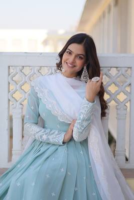 Eilara sky blue faux georgette thread with sequins embroidered work designer gown 2