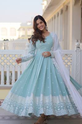 Eilara sky blue faux georgette thread with sequins embroidered work designer gown 3