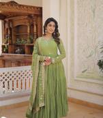 olive green faux georgette with sequins embroidered work party wear gown