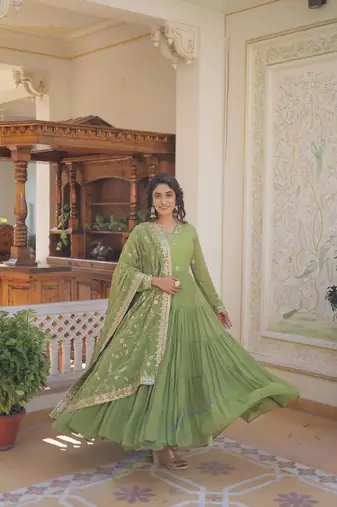 olive green faux georgette with sequins embroidered gown
