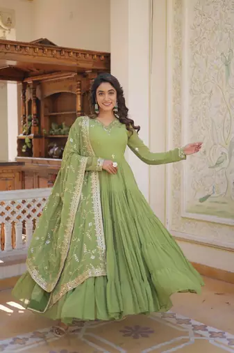 olive green faux georgette with sequins embroidered gown