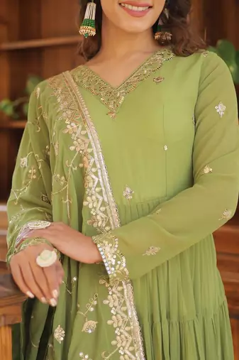 olive green faux georgette with sequins embroidered gown