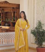 yellow faux georgette with sequins embroidered work party wear gown