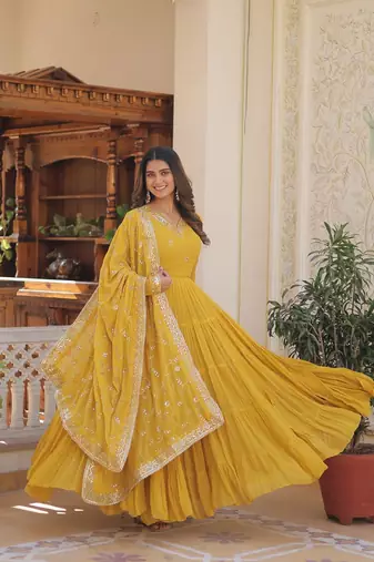 yellow faux georgette with sequins embroidered gown