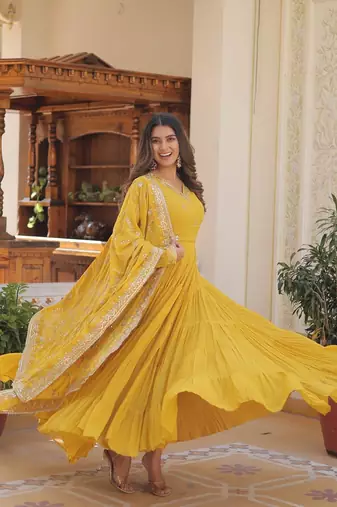 yellow faux georgette with sequins embroidered gown