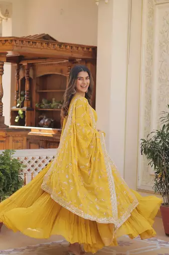 yellow faux georgette with sequins embroidered gown