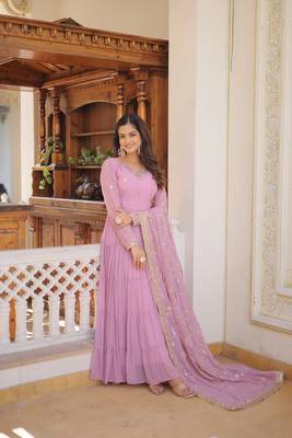 olive lavender faux georgette with sequins embroidered work party wear gown 1