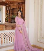 olive lavender faux georgette with sequins embroidered work party wear gown