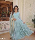 olive sky blue faux georgette with sequins embroidered work party wear gown