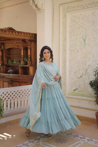 olive sky blue faux georgette with sequins embroidered work party wear gown