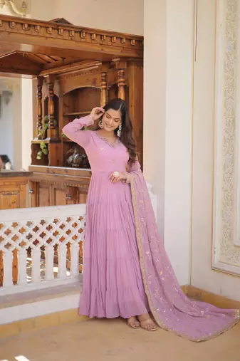 olive lavender faux georgette with sequins embroidered work party wear gown