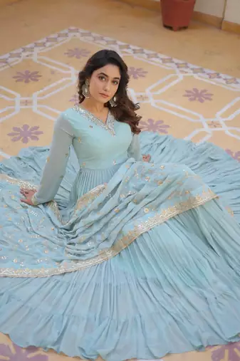 olive sky blue faux georgette with sequins embroidered work party wear gown