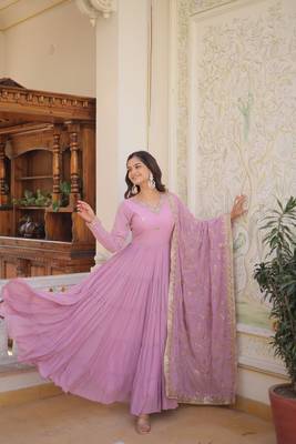 olive lavender faux georgette with sequins embroidered work party wear gown 4