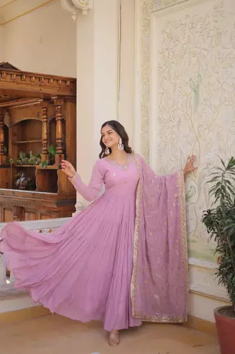 olive lavender faux georgette with sequins embroidered work party wear gown