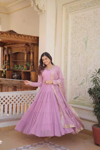 olive lavender faux georgette with sequins embroidered work party wear gown