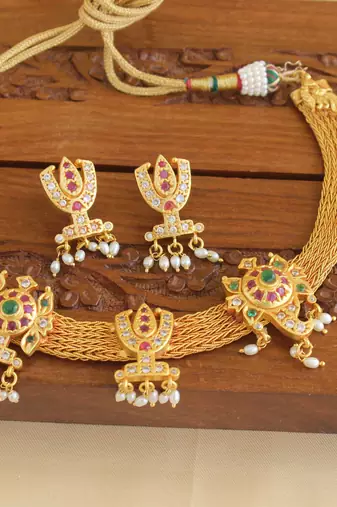 Gold platted temple ruby necklace set
