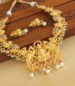 Gold platted temple peacock ruby necklace set
