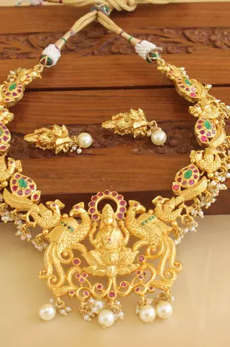 Gold platted temple peacock ruby necklace set