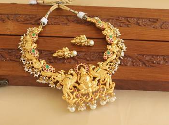 Gold platted temple peacock ruby necklace set 3