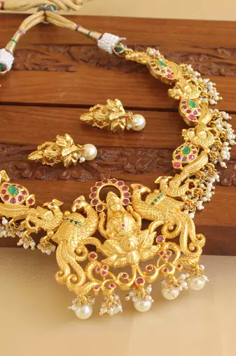 Gold platted temple peacock ruby necklace set