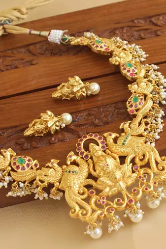Gold platted temple peacock ruby necklace set
