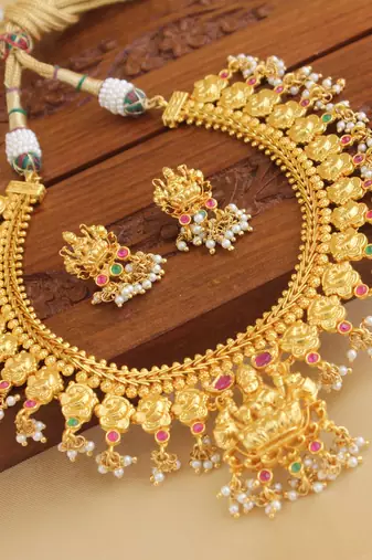 Gold platted temple peacock ruby necklace set