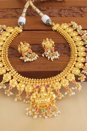 Gold platted temple peacock ruby necklace set