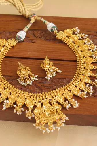 Gold platted temple peacock ruby necklace set