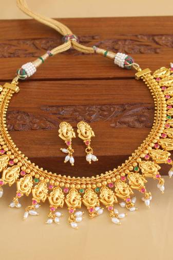 Gold platted ganesh ruby necklace set