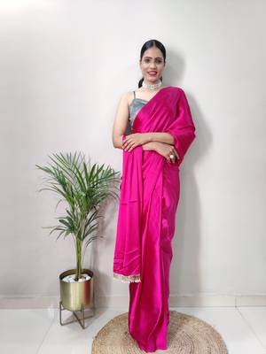 Pink Colour Pure Satin Silk pearl and cutdana tassels ready to wear Saree 1