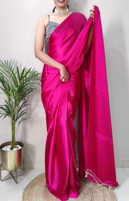 Pink Colour Pure Satin Silk pearl and cutdana tassels ready to wear Saree 2