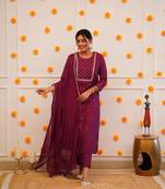Wine Rayon Slub Fabric Embroidered work Straight cut Kurta, Pant and Dupatta Set