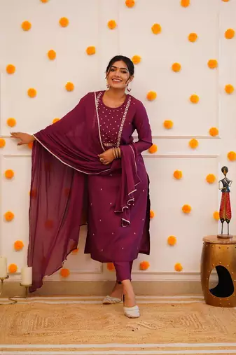 Wine Rayon Slub Embroidered work Straight cut Kurta Pant and Dupatta Set