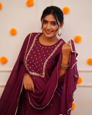 Wine Rayon Slub Embroidered work Straight cut Kurta Pant and Dupatta Set 3