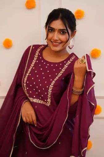 Wine Rayon Slub Embroidered work Straight cut Kurta Pant and Dupatta Set