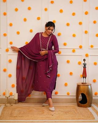 Wine Rayon Slub Embroidered work Straight cut Kurta Pant and Dupatta Set 4