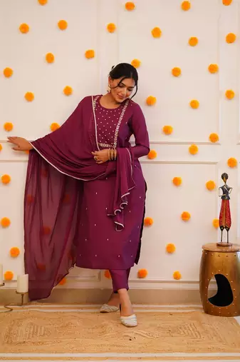 Wine Rayon Slub Embroidered work Straight cut Kurta Pant and Dupatta Set