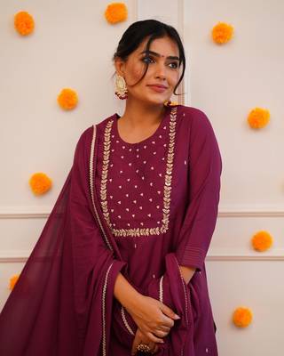 Wine Rayon Slub Embroidered work Straight cut Kurta Pant and Dupatta Set 5