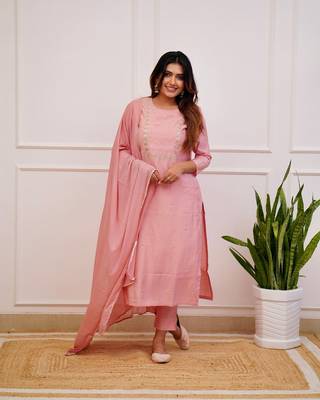Peach Rayon Slub Embroidered work Straight cut Kurta Pant and Dupatta Set 1