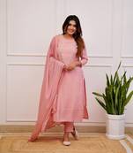 Peach Rayon Slub Fabric Embroidered work Straight cut Kurta, Pant and Dupatta Set